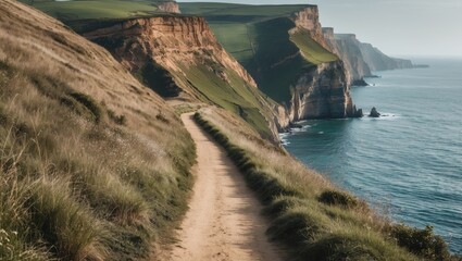 Coastal path along rugged cliffs overlooking the ocean with grassy terrain and clear sky in the background Copy Space
