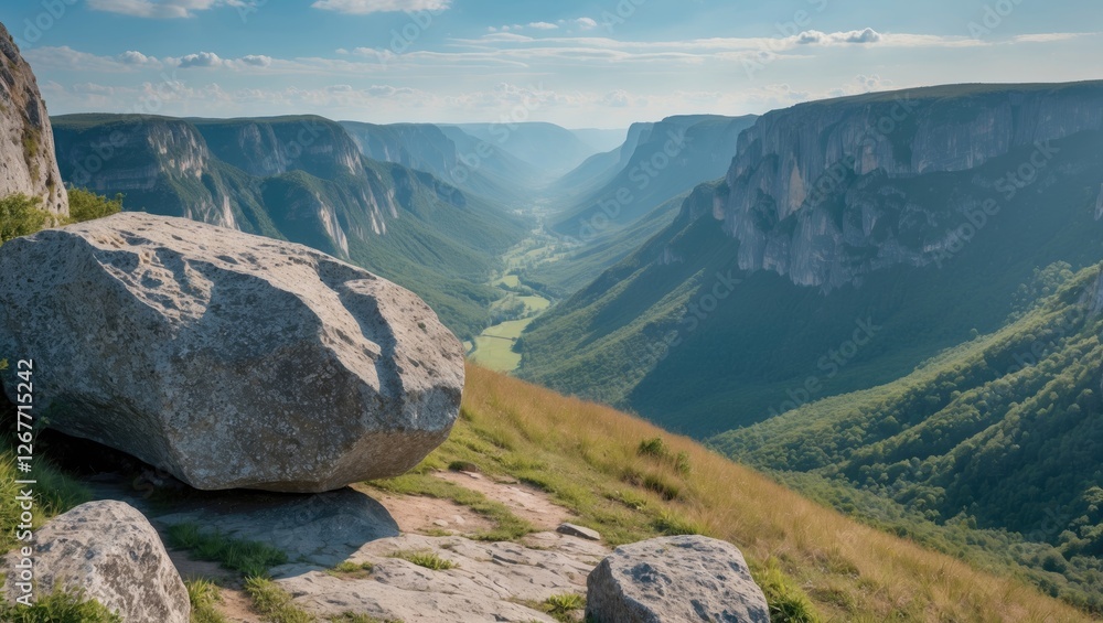 Poster aerial view of a deep valley with towering cliffs and large rocks in the foreground against a blue s