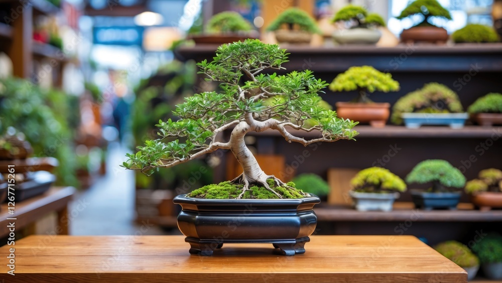 Poster bonsai tree displayed on wooden table in a nursery setting with lush greenery in the background copy