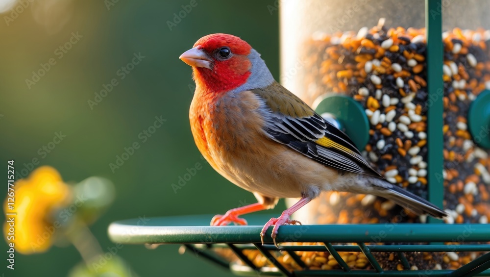 Poster colorful bird sitting on a feeder filled with seeds in a garden setting with flowers and a blurred b
