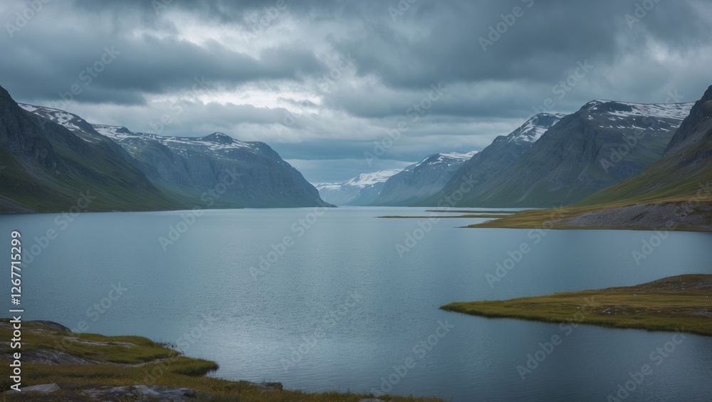 Poster scenic view of a tranquil lake surrounded by mountains under a cloudy sky with reflections in the wa