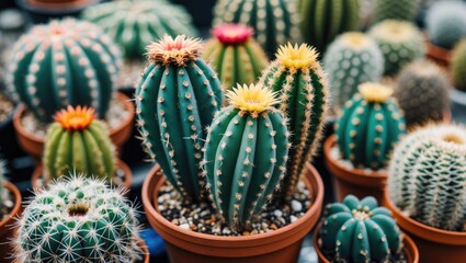 Colorful cacti in terracotta pots with blossoms in various shades displayed in a close-up arrangement with Copy Space