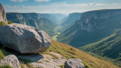 Fototapeta premium Aerial view of a deep valley with towering cliffs and large rocks in the foreground against a blue sky with scattered clouds Copy Space
