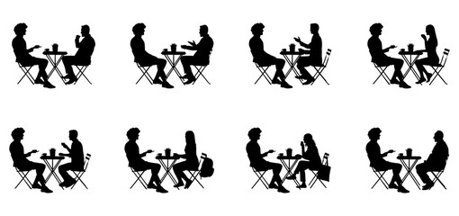 Two people are sitting on two chairs on either side of the table. A boy and a girl are sitting on one side of the table and talking set vector .