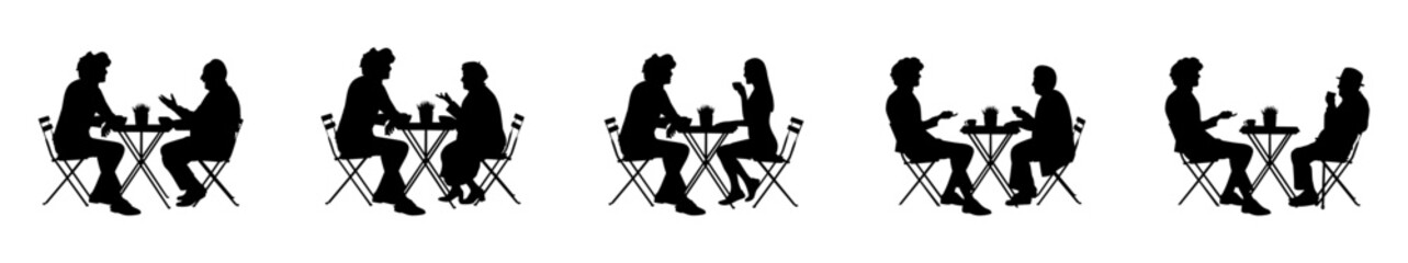 Two people are sitting on two chairs on either side of the table. A boy and a girl are sitting on one side of the table and talking set vector .