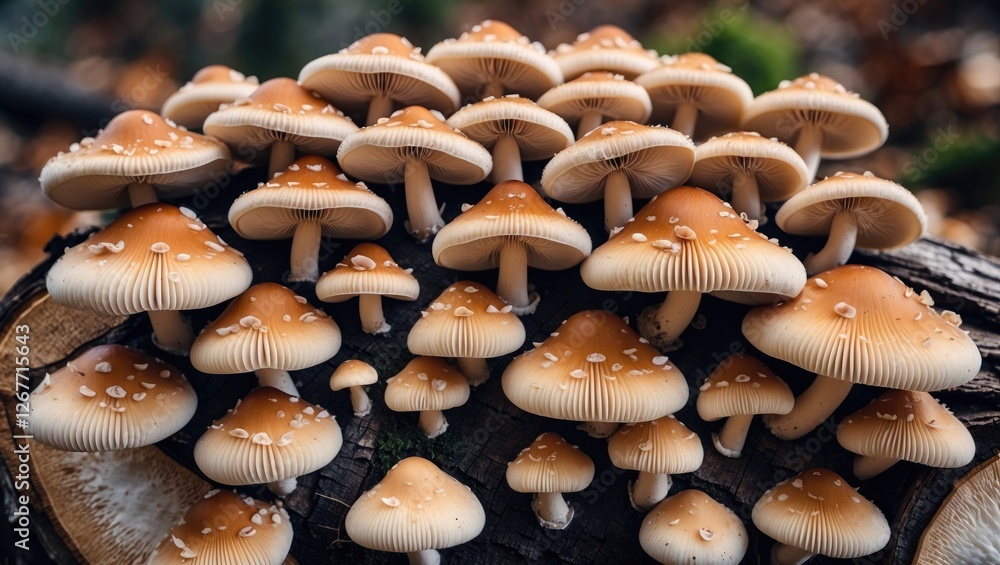 Poster clusters of edible mushrooms growing on a tree stump in a forest setting with a blurred background a