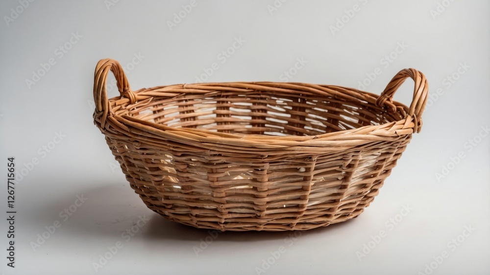Poster woven wicker basket with two handles on a plain background suitable for various uses in home decor a
