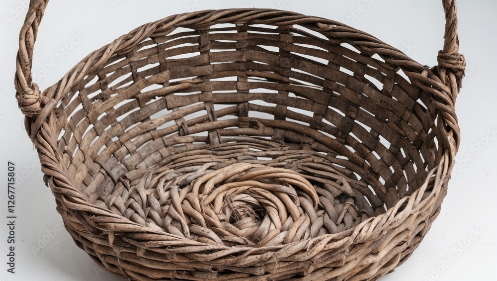 Poster woven wicker basket with a round base and a curved handle on a neutral background copy space