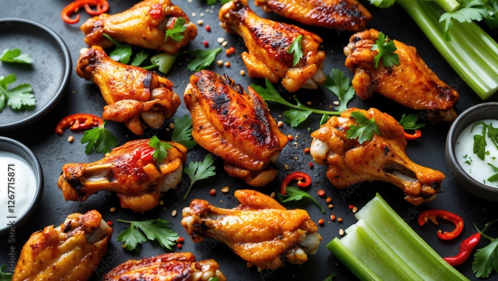 Poster grilled chicken wings with garnish on black slate background surrounded by celery sticks and dipping