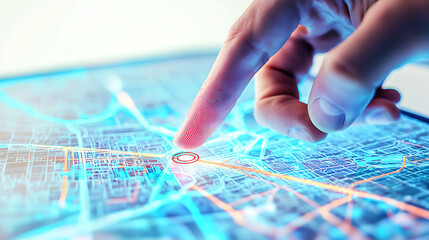 Finger Tapping Digital Map with Routes on Tablet Screen

