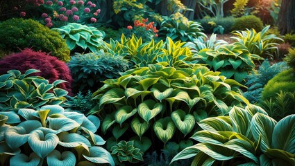 Obraz premium Lush garden landscape featuring diverse foliage including hostas and vibrant ornamental plants with natural lighting and textures Copy Space