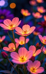 Fototapeta premium A stunning close-up of vibrant, glowing flowers in full bloom, illuminated with soft golden light. 