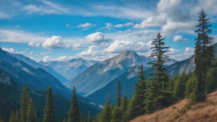 Fototapeta premium Mountain landscape with evergreen trees in foreground under cloudy blue sky in summer season Copy Space