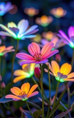 Fototapeta premium A stunning close-up of vibrant, glowing flowers in full bloom, illuminated with soft golden light. 
