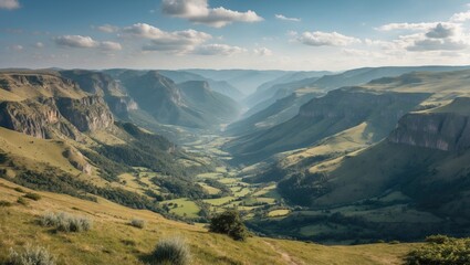 Obraz premium Panoramic view of a lush green valley surrounded by steep mountains under a partly cloudy sky with ample Copy Space for text placement