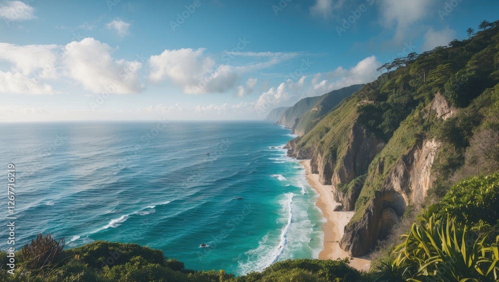 Poster coastal landscape with cliffs and ocean waves under a blue sky with scattered clouds offering copy s