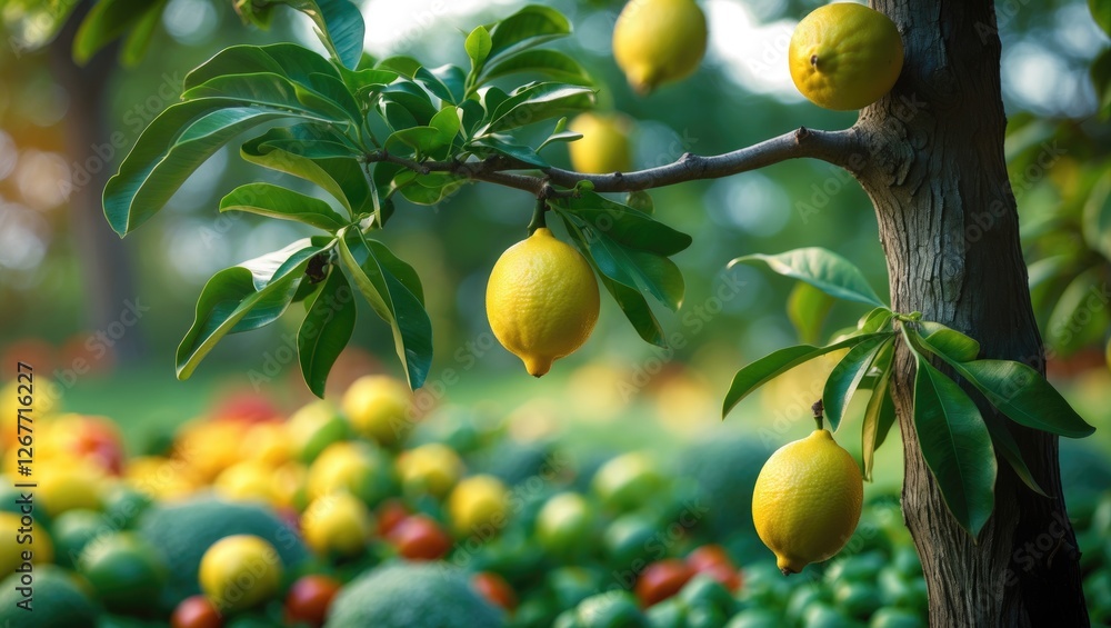 Poster lemon tree branch with ripe lemons surrounded by a colorful display of various fruits in a natural o