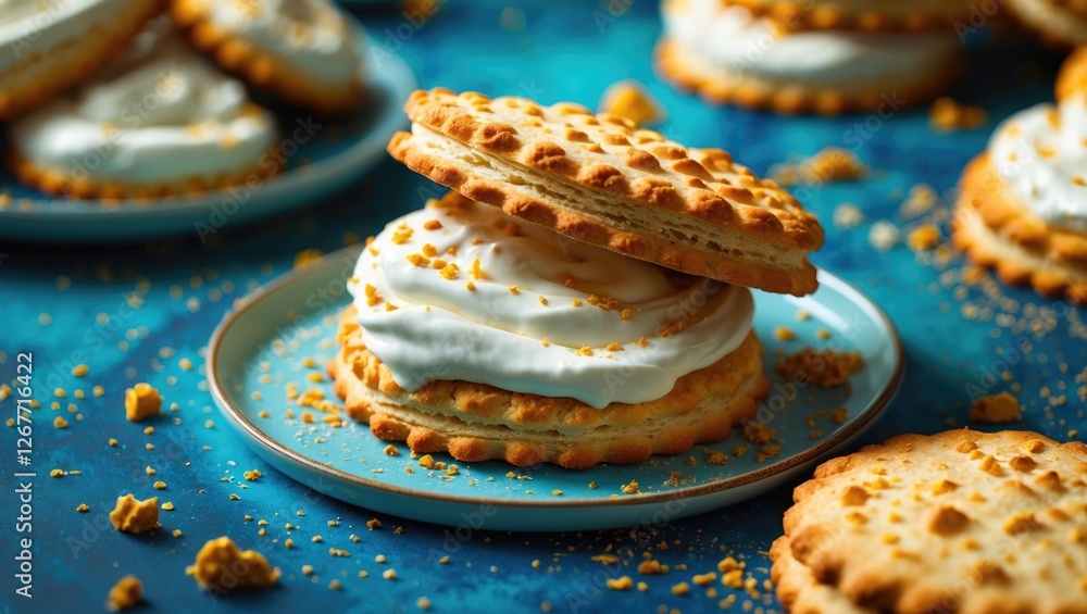 Poster homemade cream-filled cookies with crispy texture and crumbled toppings on a blue surface with copy 