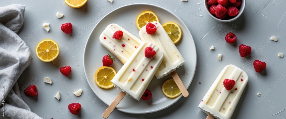 Poster white chocolate and raspberry popsicles on a gray plate with lemon slices and fresh raspberries surr