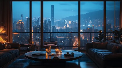 Fototapeta premium spacious deluxe lounge with floor-to-ceiling arched window arrangements image