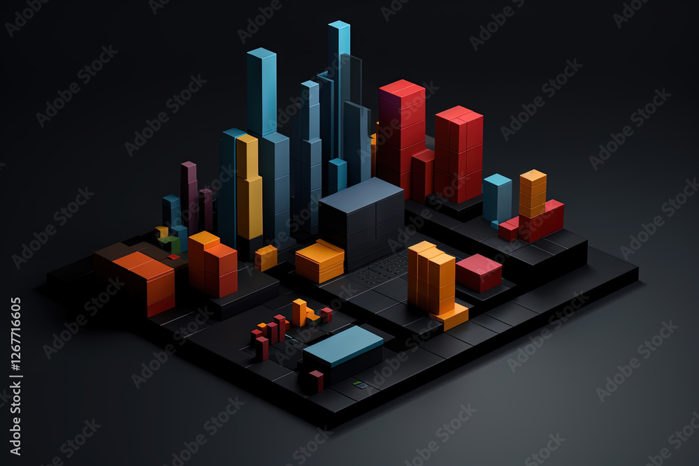 Poster 3D business graph with organized bars and information blocks. Abstract infographic element. Business growth and development to success concepts