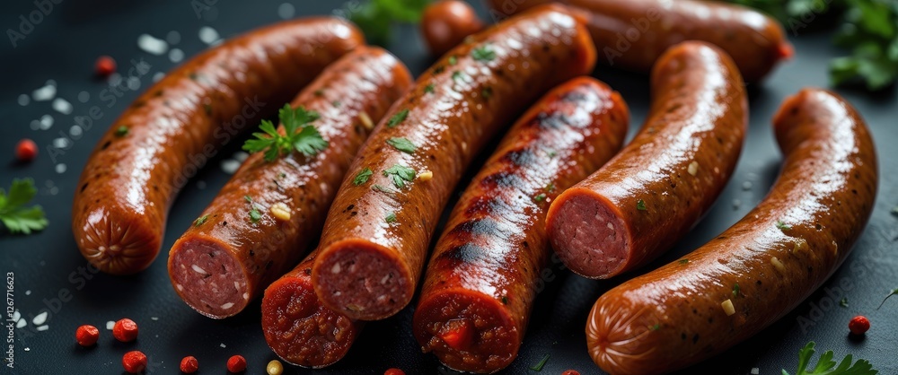 Poster assorted grilled sausages with herbs and spices on a dark background displaying textures and colors,