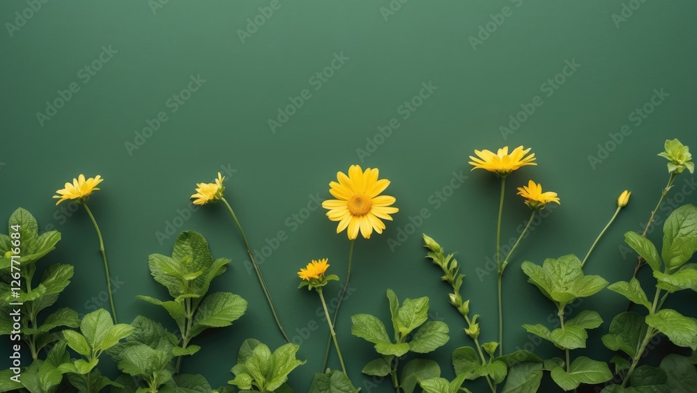 Poster yellow daisies and green leaves arranged on a solid green background with ample copy space for text 