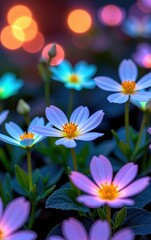 A stunning close-up of vibrant, glowing flowers in full bloom, illuminated with soft golden light. 