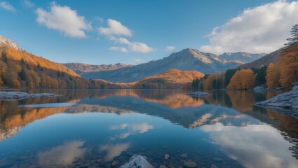 Mountain landscape with autumn foliage reflecting in calm lake under blue sky and fluffy clouds Copy Space