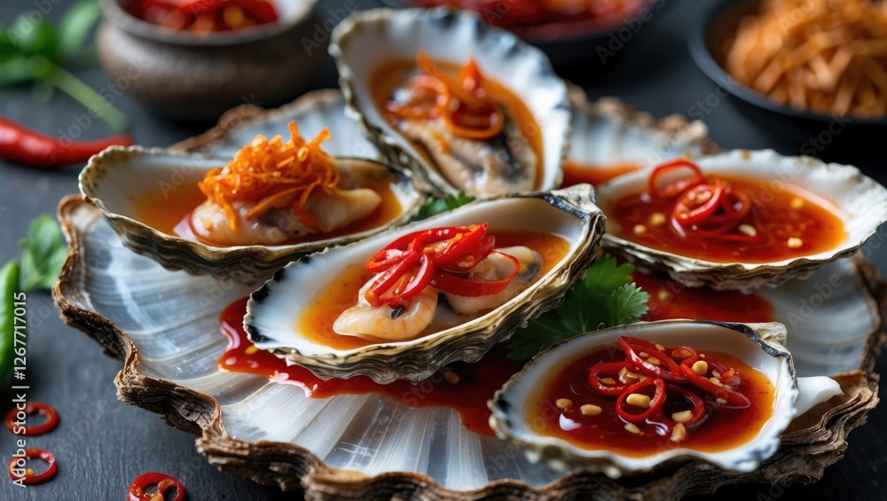 Poster fresh oysters served in shells with sliced red chili and rich sauce on a decorative plate with addit