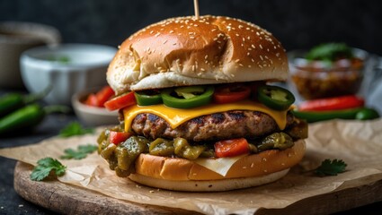 Juicy beef burger with cheddar cheese, jalapenos, tomatoes, and pickles on sesame seed bun with garnishes and condiments on wooden board. Copy Space
