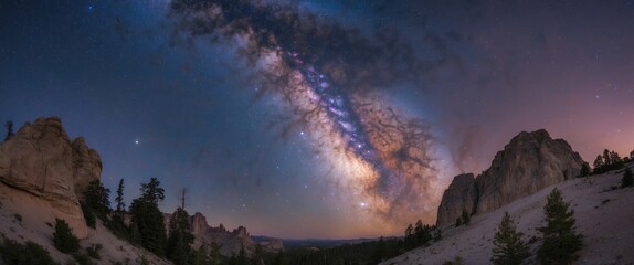 Panoramic view of the Milky Way galaxy above rugged mountains and trees during night in a starry sky with visible foreground landscape Copy Space
