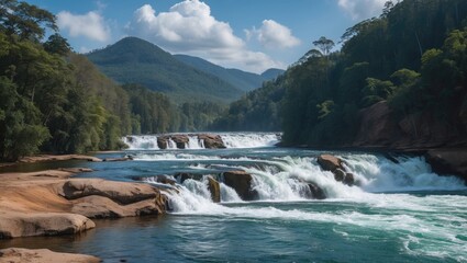 Scenic view of cascading waterfalls with lush green mountains and cloudy blue sky in the background Copy Space
