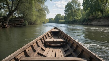 Obraz premium Wooden boat cruising on a tranquil river surrounded by lush green trees and calm water with clouds in the sky Copy Space