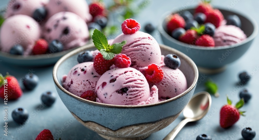 Poster bowl of raspberry ice cream garnished with fresh raspberries and blueberries on a blue background wi