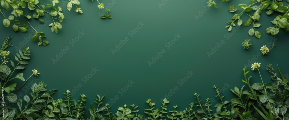 Poster lush green foliage arranged on a dark green background creating a natural frame with ample copy spac