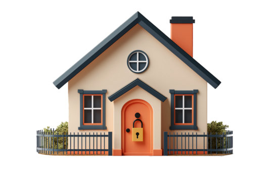 A whimsical, colorful cartoon-style house featuring a locked door, surrounded by a neat garden and fence. Perfect for illustrations about home safety or storytelling.