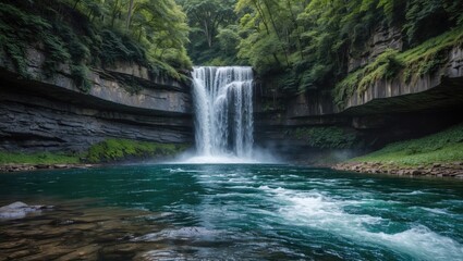Obraz premium Waterfall cascading into a turquoise pool surrounded by lush green foliage and rocky cliffs with soft mist rising from the water Copy Space