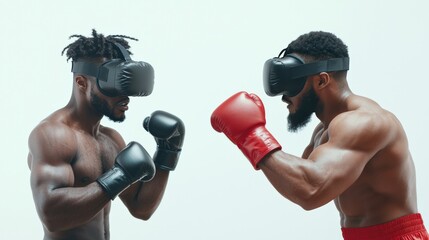 Two men wearing VR headsets engage in a virtual boxing match, showcasing a blend of technology and sport in an innovative gaming environment.