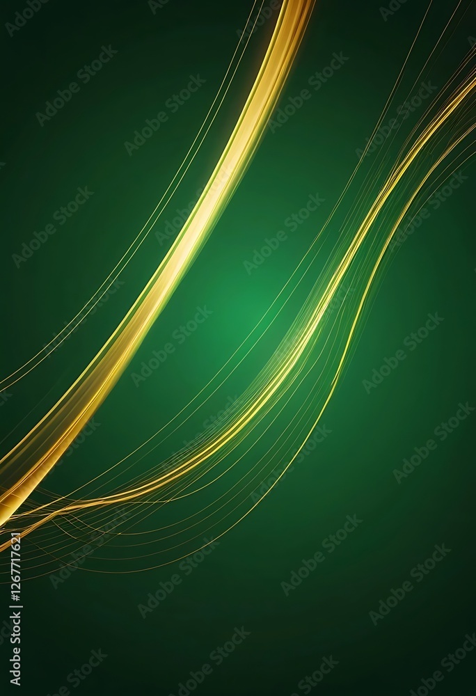 Poster golden streams, dynamic luminous flow on emerald green background