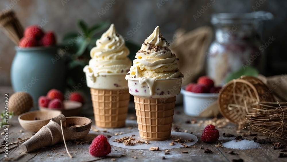 Poster delicious creamy ice cream cones with raspberry toppings on rustic wooden table with assorted ingred