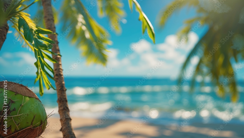 Poster coconut on palm tree with blurred beach and ocean background copy space