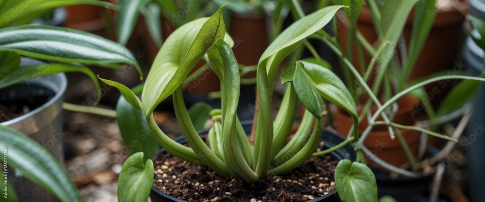 Sticker Potted green houseplant with lush leaves growing from rich soil surrounded by other plants in natural light Copy Space