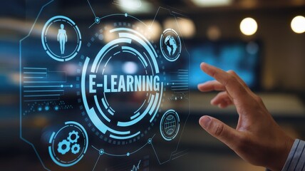 Obraz premium Hand interacting with a glowing e learning interface display