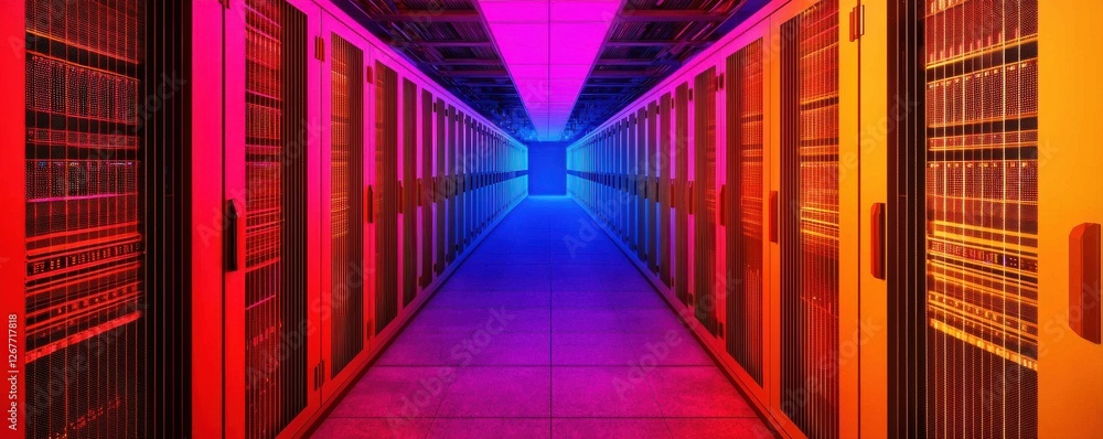 Poster a vibrant, futuristic data center corridor with colorful lighting and rows of servers, creating a hi