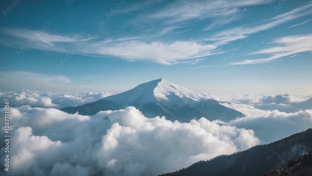 Poster mountain peak above clouds with clear blue sky and wispy clouds in the background representing tranq