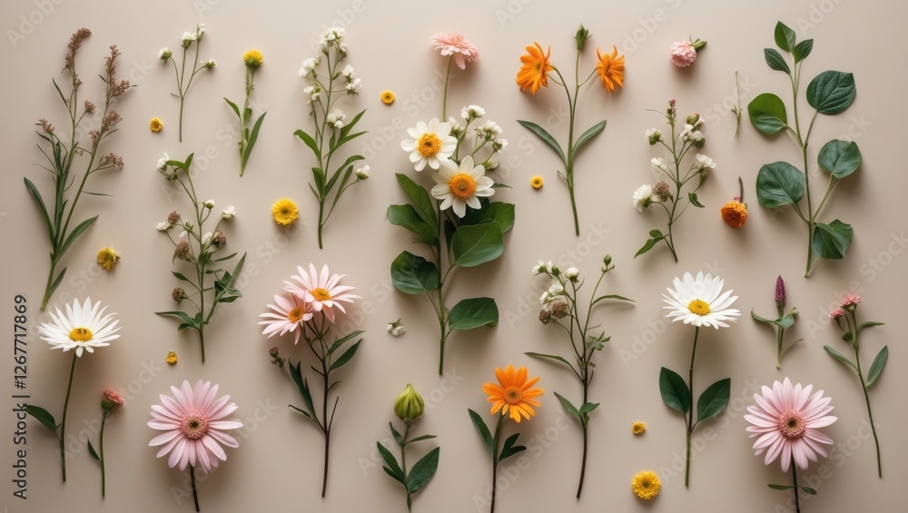 Poster assorted flowers and leaves arranged aesthetically on a beige background with copy space for text