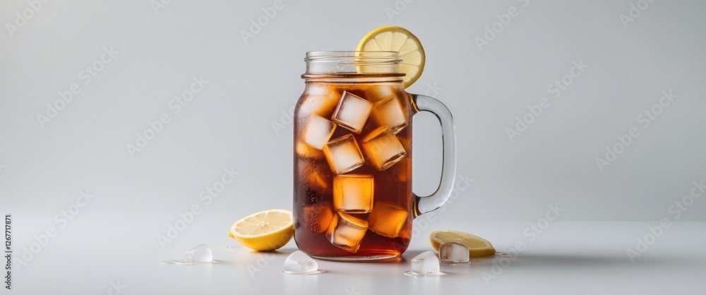 Poster iced tea in a mason jar with lemon slice and ice cubes on a light background copy space