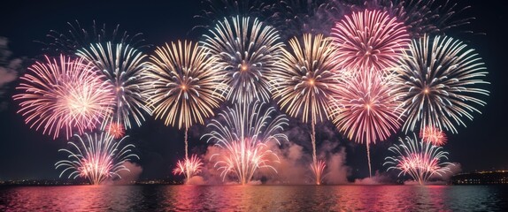 Fototapeta premium Colorful fireworks display over water at night with reflections and smoke creating a festive atmosphere Copy Space