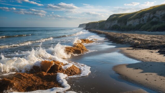 Gentle ocean waves crashing on a sandy beach with rocky formations and grassy cliffs under a blue sky with fluffy clouds Copy Space